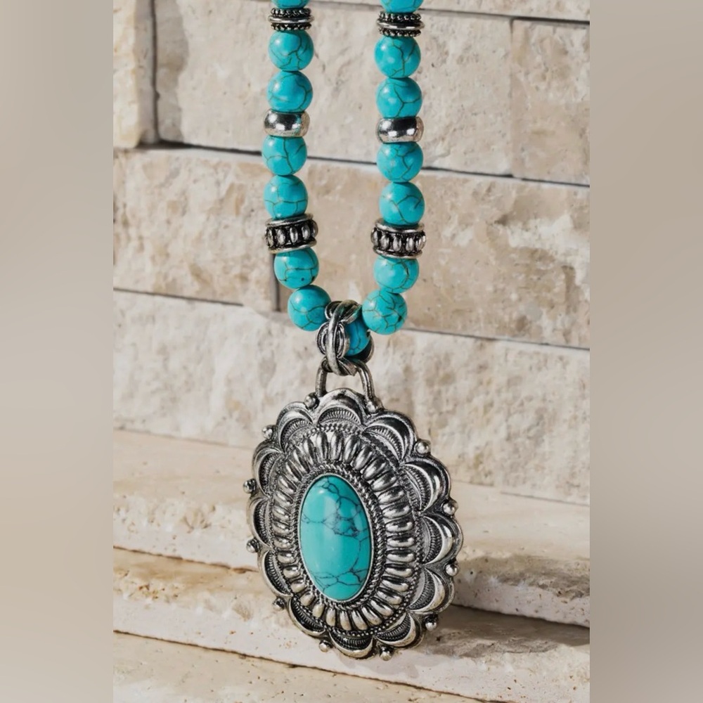 Western Boho Turquoise Concho Medallion Necklace and Earring Set - Picture 3 of 3